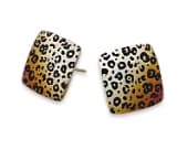 Square titanium stud earrings featuring a detailed leopard print design