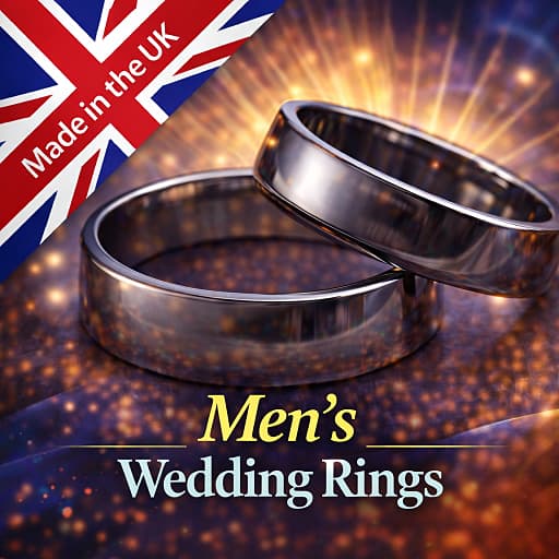 Two mens wedding rings and a made in the UK British Union Jack