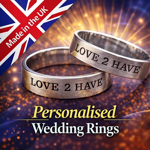Two personalised wedding rings and a made in the UK British Union Jack