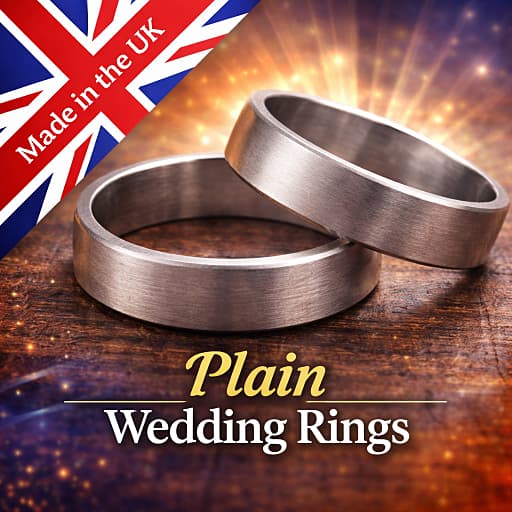 Two plain titanium wedding rings and a made in the UK British Union Jack