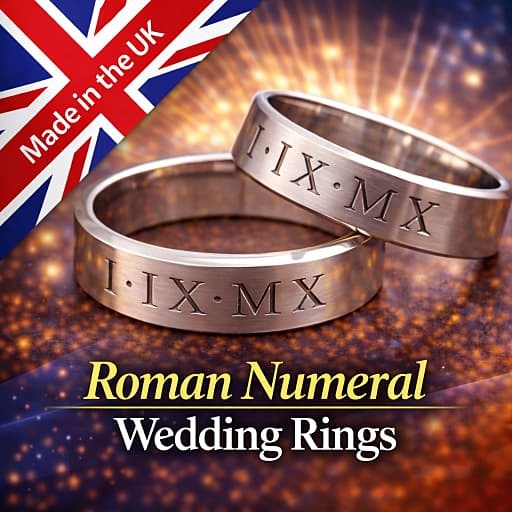 British Roman numeral wedding rings and a made in the UK British Union Jack