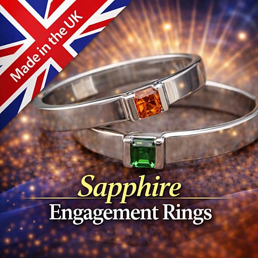 Two sapphire engagement rings and a made in the UK British Union Jack