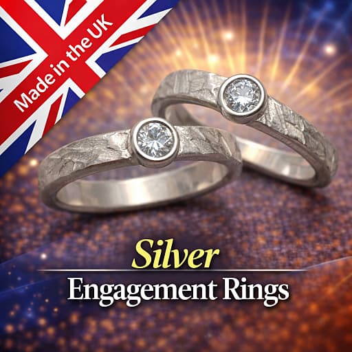 Two silver engagement rings and a made in the UK British Union Jack
