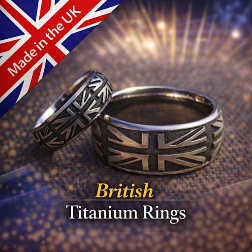 Two titanium rings and a made in the UK British Union Jack