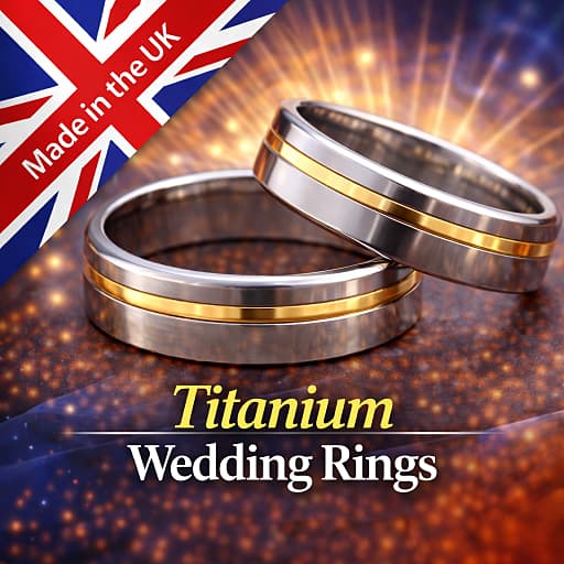 Two titanium wedding rings and a made in the UK British Union Jack