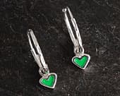 Green heart silver hoop earrings