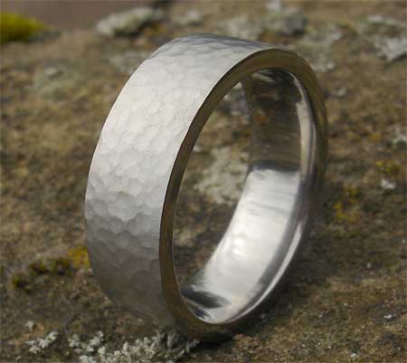 Flat hammered steel wedding ring