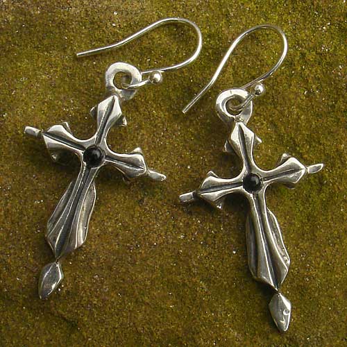 Gothic silver cross earrings