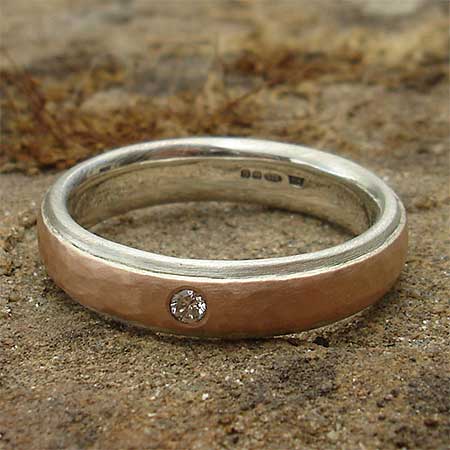 Hammered 9ct rose gold and silver diamond wedding ring