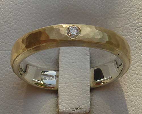 Hammered 9ct Gold Silver Diamond Wedding Ring UK