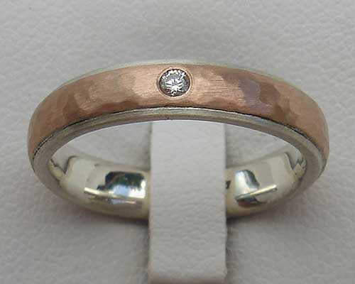 Hammered rose gold and silver diamond wedding ring