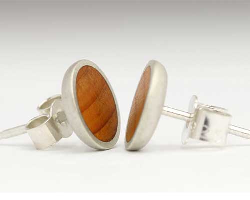Circular handmade wood and silver earrings