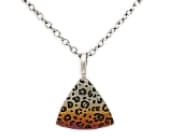 Triangular titanium pendant featuring a detailed leopard print design