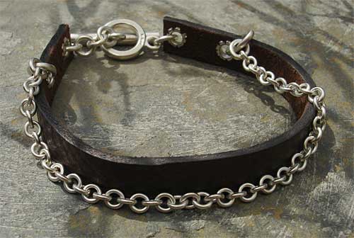 mens silver chain leather designer bracelet