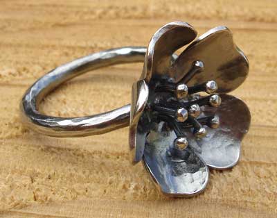 oxidised silver flower ring for women