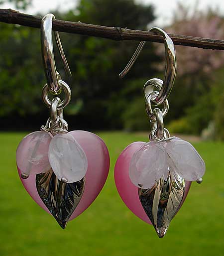 pink heart silver drop earrings