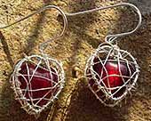 Red heart silver drop earrings