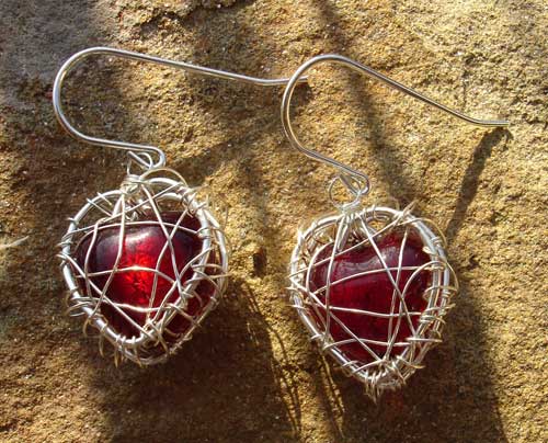 Red heart silver earrings