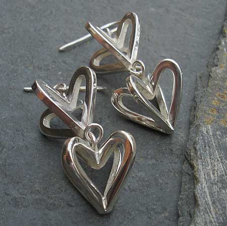 silver heart drop earrings