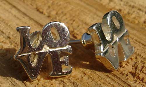 silver love text earrings