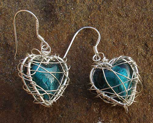 Teal silver heart cage earrings