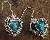 Teal silver heart cage earrings