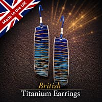 Colourful titanium drop earrings and a made in the UK British Union Jack