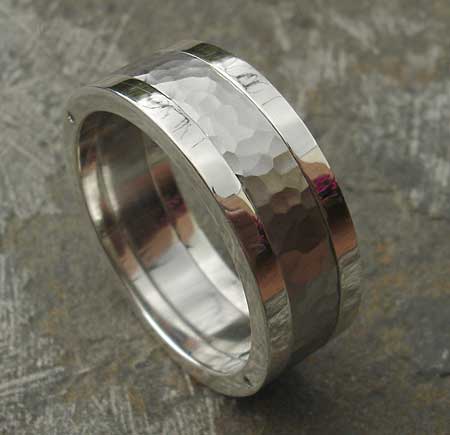 Hammered stainless steel and silver wedding ring